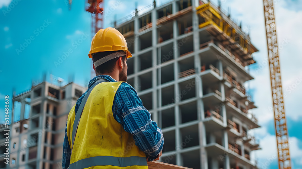 A construction worker painting the exterior of a newly constructed building A construction worker painting the exterior of a newly constructed building