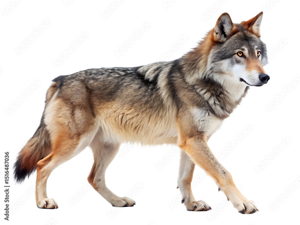 Fototapeta premium wolf walking side profile view isolated on white background. PNG