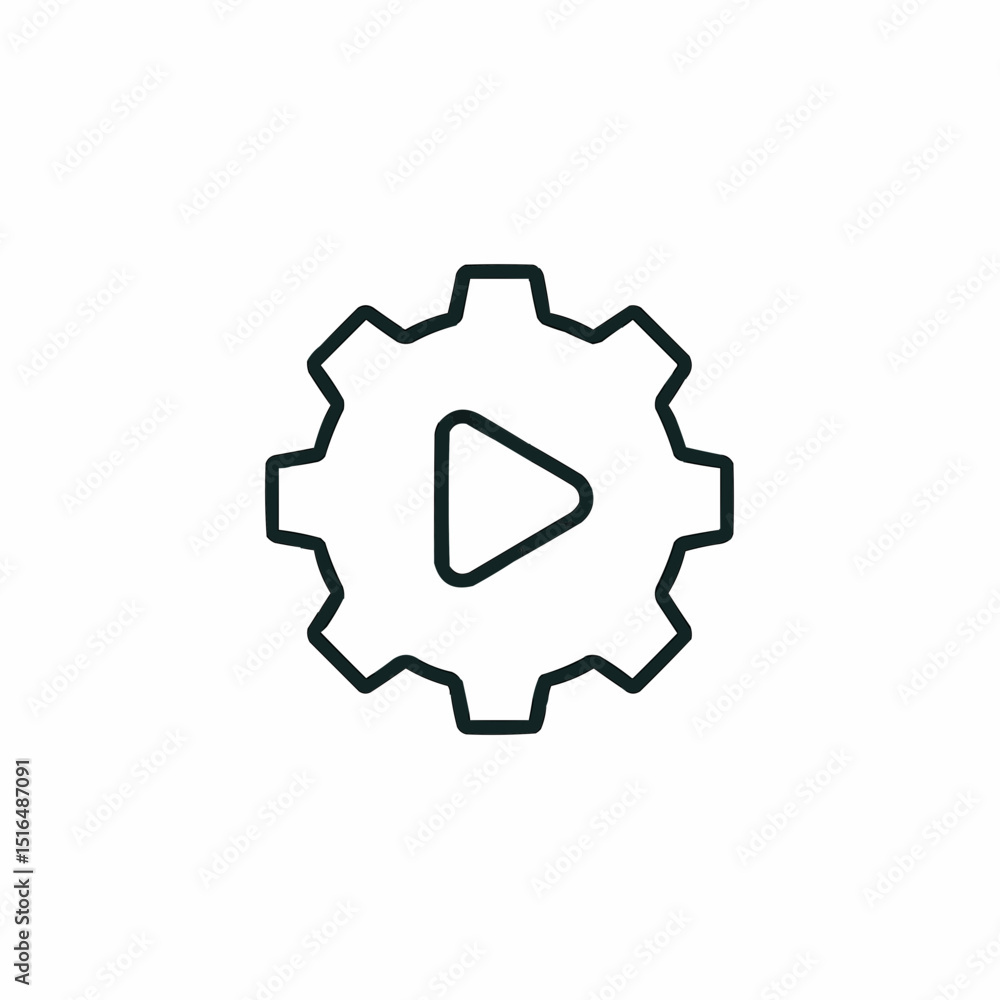 Minimal gear with play button — triggered automation process. Minimal gear with play button — triggered automation process.