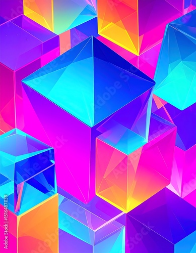 Abstract Geometric Cubes in Vibrant Neon Colors. Floating Ice Cubes in a Colorful Background.bubble, colourful, colours, crystal, drop, dynamic, floating, glowing, illumination, neon,