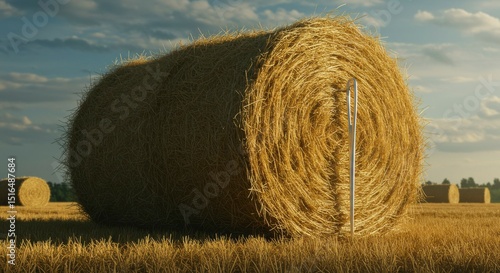 Large haystack roll with a shiny needle puncturing the center on a sunny farmland