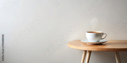 A steaming cup of coffee rests on a minimalist side table against a neutral backdrop