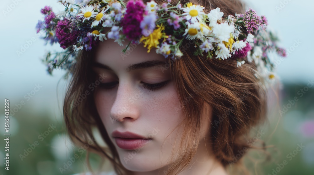 Woman with floral crown enjoying nature on a sunny day surrounded by wildflowers and greenery Woman with floral crown enjoying nature on a sunny day surrounded by wildflowers and greenery