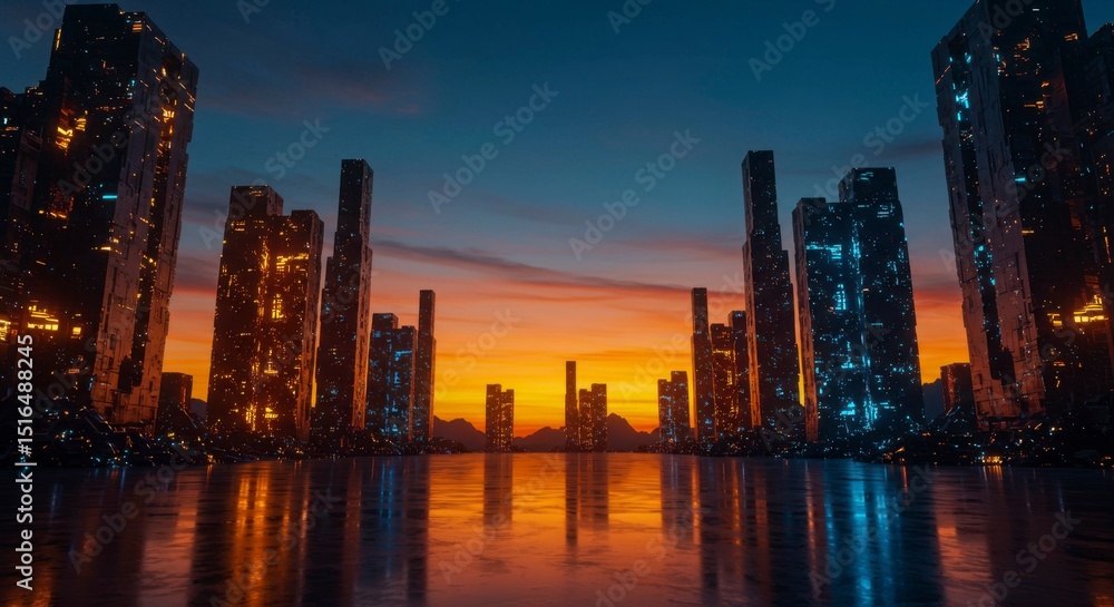 Fototapeta premium Futuristic city skyline at sunset, reflected in calm water; glowing buildings