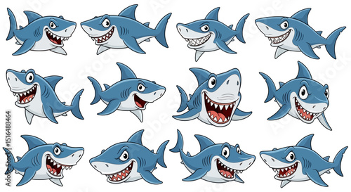 Cartoon Shark Set – Collection of Playful and Expressive Blue Sharks for Kids