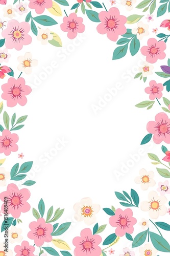 soft floral frame with pink blossoms and green leaves surrounding a clean white center