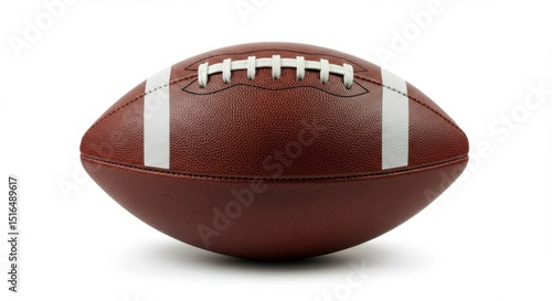 Prolate spheroid brown leather football with white laces and stripes, isolated on white background