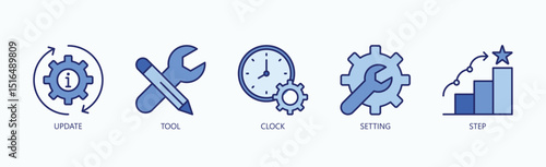 Essential Workflow Tools Icon Set Isolated Vector With Icon Of Update, Tool, Clock, Setting, Step In Blue Style