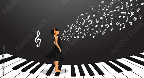 Artistic illustration of a woman wearing headphones standing on oversized piano keys, surrounded by floating musical notes, set against a dark, atmospheric background evoking sound and rhythm