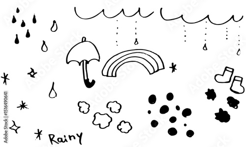 雨や水玉、虹の手描きイラスト