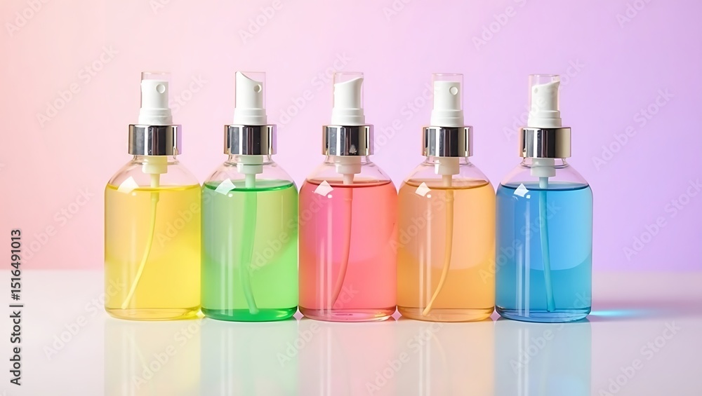 Five colorful spray bottles on pink background Five colorful spray bottles on pink background
