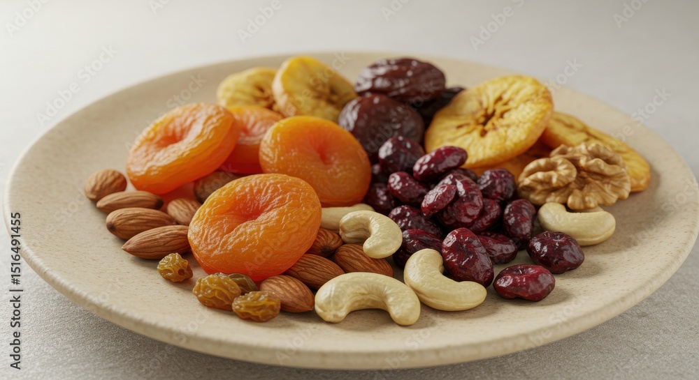 A plate of mixed nuts, dried fruit, and seeds sits on a light beige surface A plate of mixed nuts, dried fruit, and seeds sits on a light beige surface