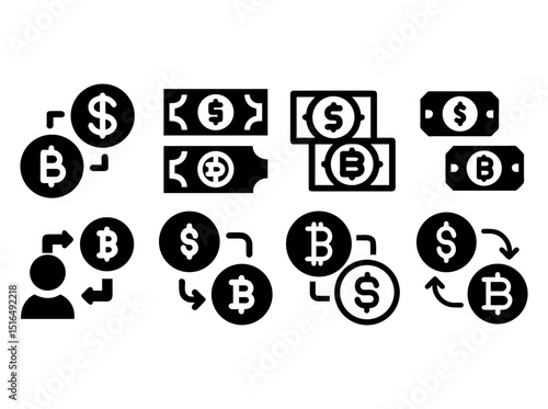 Cryptocurrency and Fiat Currency Exchange Icons, Bitcoin and Dollar Exchange Icons, black and white icons depicting various exchanges between Bitcoin and US dollar currencies, app, website, business.