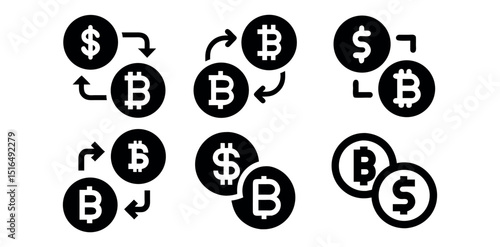 Cryptocurrency and Fiat Currency Exchange Icons, Bitcoin and Dollar Exchange Icons, black and white icons depicting various exchanges between Bitcoin and US dollar currencies, app, website, business.