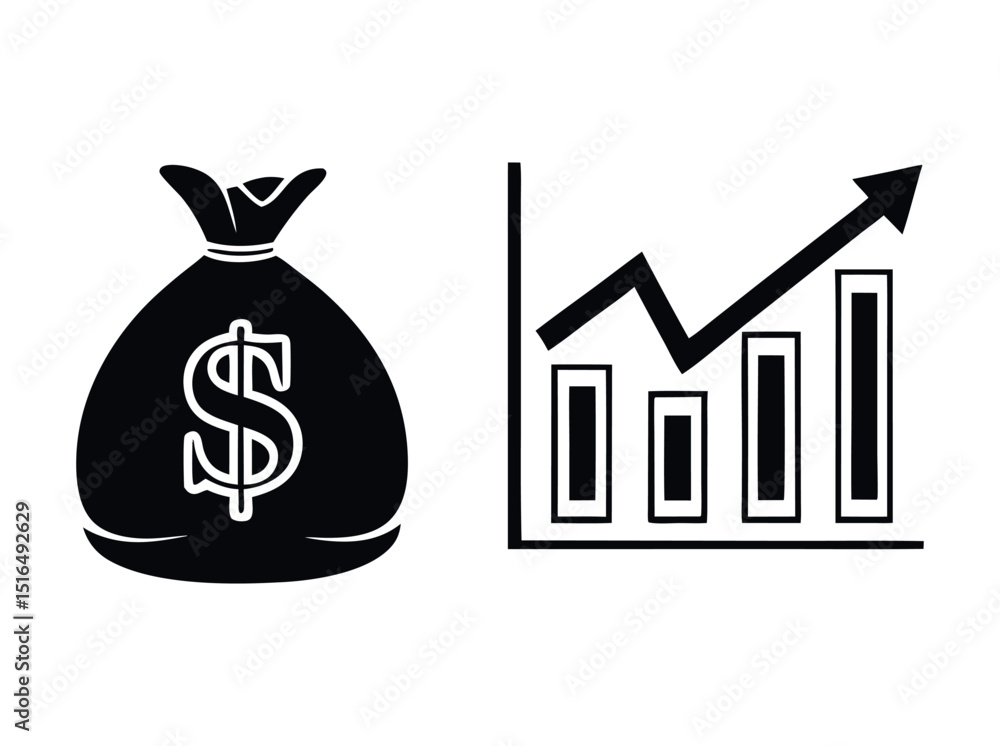 Black and White Financial Icons Set, Savings and financial increase, showing a dollar sign, a piggy bank, and a rising graph, investment, savings, piggy bank, financial, growth, increase, success, mon