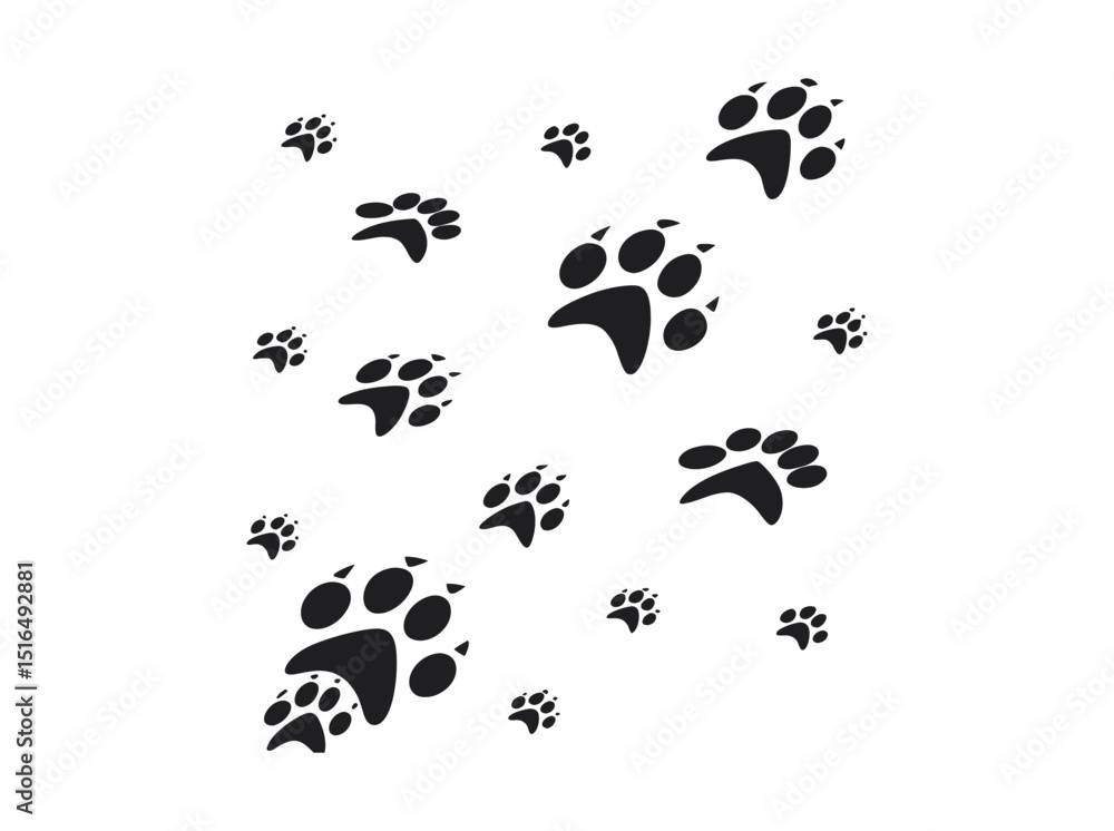 Abstract Black Animal Paw Prints Pattern on White Background, pattern of black animal paw prints scattered randomly on a plain, minimalist design, nature pattern, wildlife, animal, dog, design element Abstract Black Animal Paw Prints Pattern on White Background, pattern of black animal paw prints scattered randomly on a plain, minimalist design, nature pattern, wildlife, animal, dog, design element