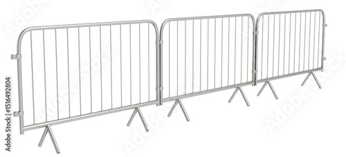 Photos Portable Galvanized Steel Barricade: A 3D render depicting three connected units of a portable, galvanized steel crowd control barrier with a simple vertical bar design and flat feet