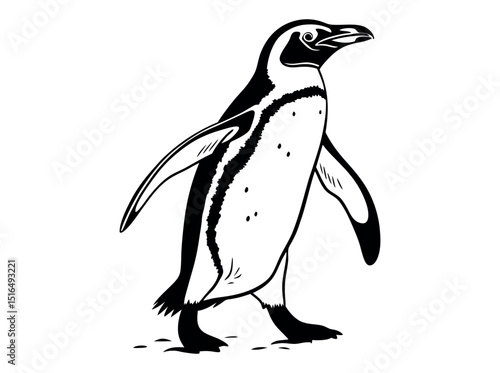 Elegant black and white illustration of a penguin,  Penguin Silhouette on a Glacial Landscape, penguin, silhouette, black and white, bird, wildlife, animal, nature, ice, glacier, outcrop, rocky,  art,