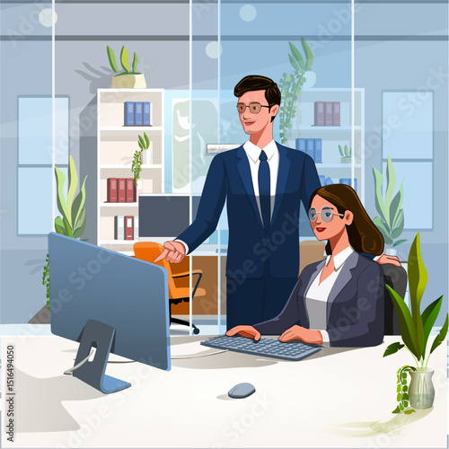 Modern vector illustration of a professional businesswoman working in an office environment. She is performing various tasks such as making phone calls, writing notes, presentation, communication, con