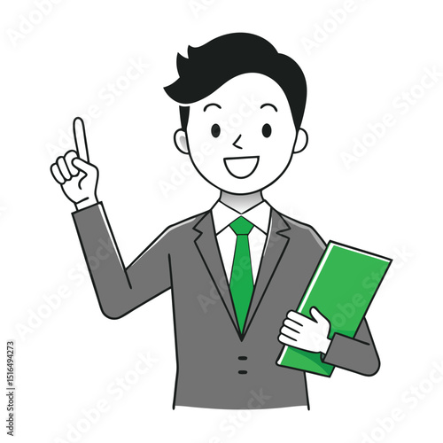 Cartoon Businessman Pointing Upward Holding Green File Folder With a Smiling Expression