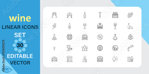 Wine linear icons set. Vineyard, winemaking, grapes and more. Outline vector icon in linear style. Editable stroke. Vector illustration.