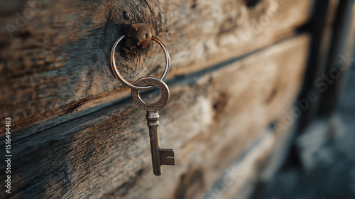 Antique keyring on a wooden door, symbolizing mystery and forgotten stories