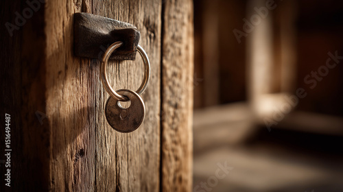 Antique keyring on a wooden door, symbolizing mystery and forgotten stories