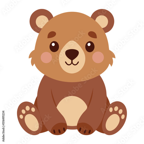 Cartoon Illustration of a Cute Brown Bear Sitting Upright on a White Background
