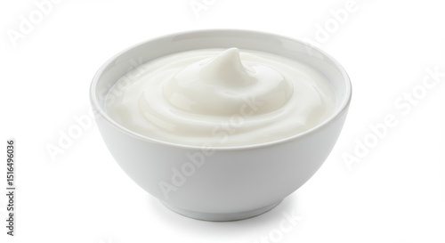 Creamy white yogurt swirls in a white ceramic bowl, isolated on a white background