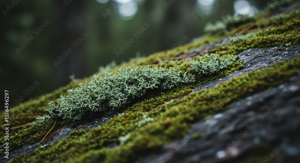 Fototapeta premium Moss and lichen grow on a dark surface with out-of-focus trees in the background