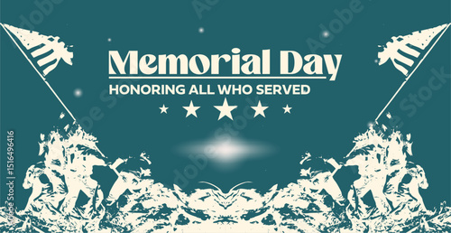 Set of editable vector templates for Memorial Day celebration. Includes grunge textures, American flags, and heroic figures in silhouette.