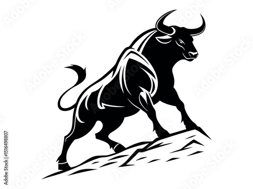 bull silhouette standing on a rocky outcrop,  bull in a dynamic pose, suitable for logo design, merchandise, or any project needing a strong visual element, silhouette, animal, power, stock market, ve