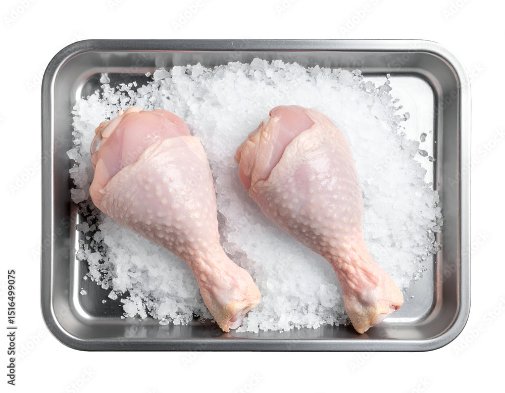 Fototapeta premium raw chicken drumsticks placed on crushed ice in stainless steel tray for food preservation and freshness on isolated background 