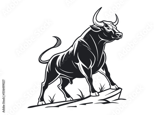 bull silhouette standing on a rocky outcrop,  bull in a dynamic pose, suitable for logo design, merchandise, or any project needing a strong visual element, silhouette, animal, power, stock market, ve