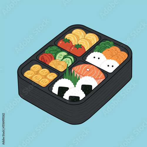Delicious Japanese food and flat cartoon style set of bento