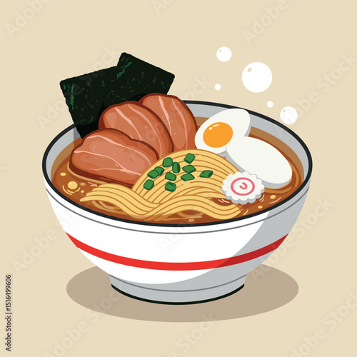 Delicious and flat cartoon style Japanese ramen noodles