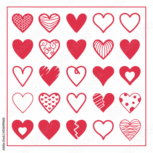 Collection of red heart illustrations in various styles for love and romantic concepts