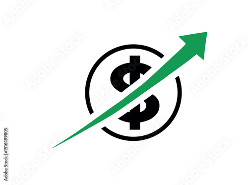 Dollar Sign with Upward Trend Icon, dollar sign enclosed in a circle, with a bold green upward arrow extending diagonally outward, dollar, money, financial, investment, growth, increase, upward trend.