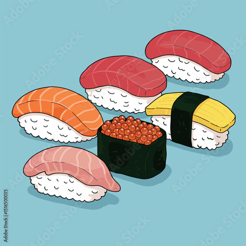 Delicious Japanese food and flat cartoon style set of sushi