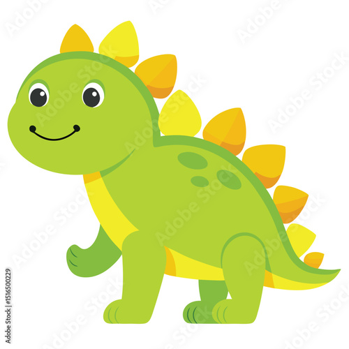 Cartoon Stegosaurus Illustration Smiling Green Dinosaur with Yellow Plates Standing on White Background