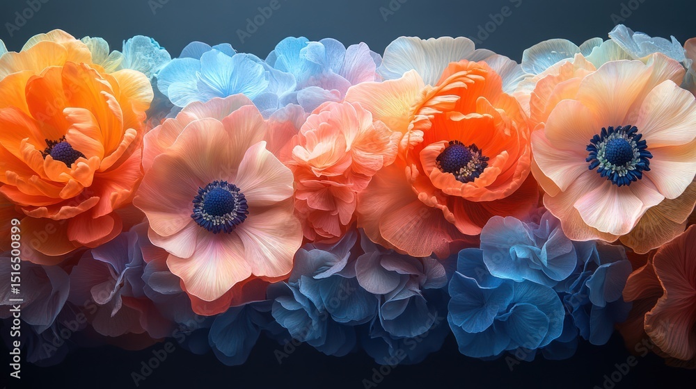Close-up of vibrant, pastel flowers. A horizontal band of anemones and hydrangeas in peach, orange, and blue tones against a dark backdrop Close-up of vibrant, pastel flowers. A horizontal band of anemones and hydrangeas in peach, orange, and blue tones against a dark backdrop
