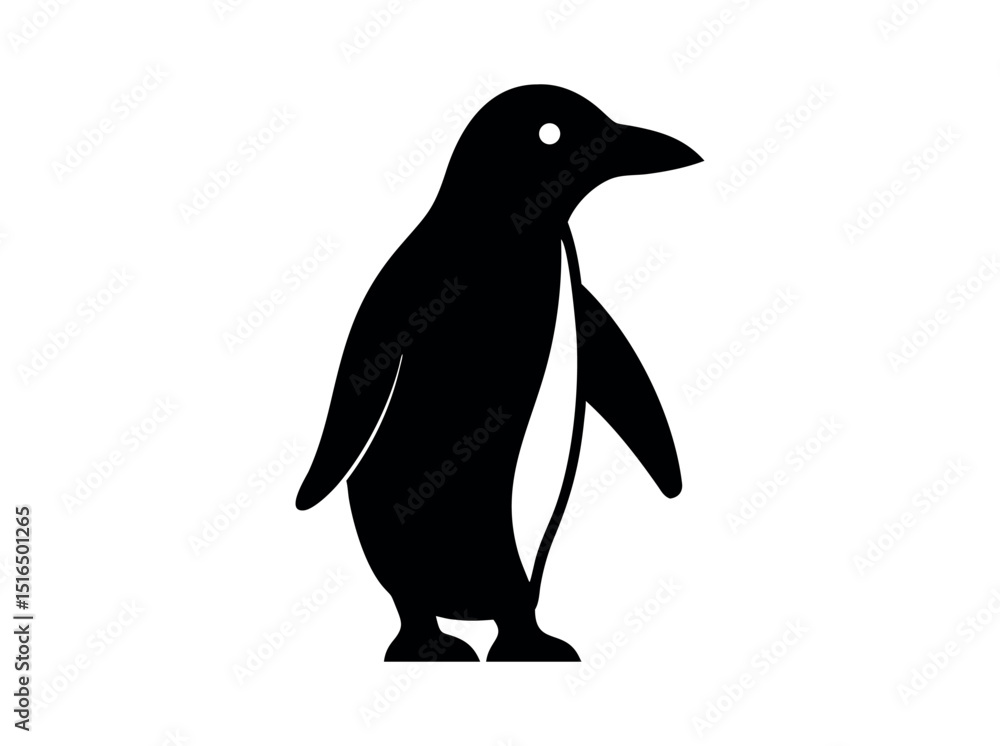 Naklejka premium Silhouette of a Penguin on a Snowy Landscape, silhouette of a penguin standing on a snowy or icy surface, penguin, silhouette, bird, black and white, animal, wildlife, arctic, antarctic, snowy, ice.