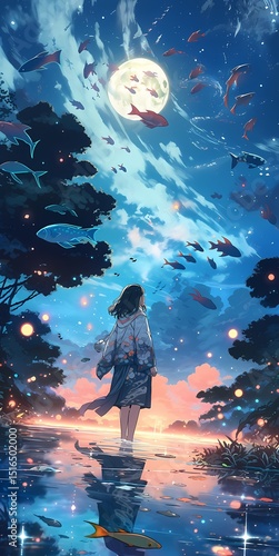 Anime illustration of a young girl in traditional Japanese kimono gazing at the moon in a serene lake, tranquil nature landscape.