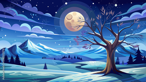 A solitary tree stands in a snowy landscape under a full moon, capturing the serene beauty of a winter night.