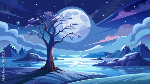 A solitary tree stands in a snowy landscape under a full moon, capturing the serene beauty of a winter night.