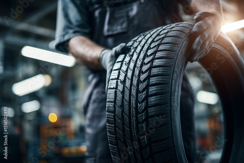 Close-up photo of a car mechanic wearing a dark uniform and protective gloves, holding a car tire upright at a well-lit auto repair garage, focus on the tire tread and mechanic's hands. 