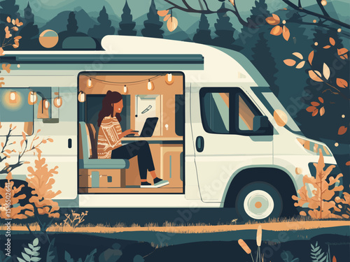 Vector illustration of Woman Working on Her Laptop Inside a Cozy Campervan Parked in the Middle of a Peaceful Forest Surrounded by Nature