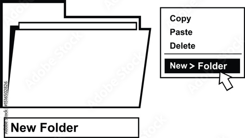 vector illustration drawing black and white icon dropdown pop-up menu and mouse cursor selecting the new folder option