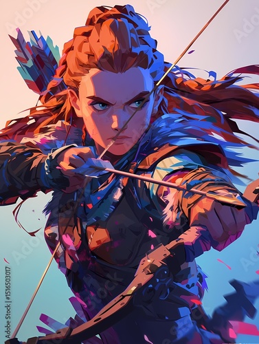 A braided red-haired warrior stands ready, bow at the ready, with a serious expression, amidst a blue-toned outdoor setting.