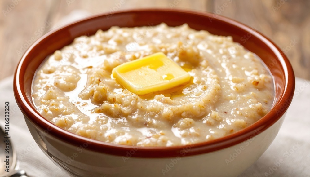 Creamy Oatmeal With Butter In Bowl Creamy Oatmeal With Butter In Bowl